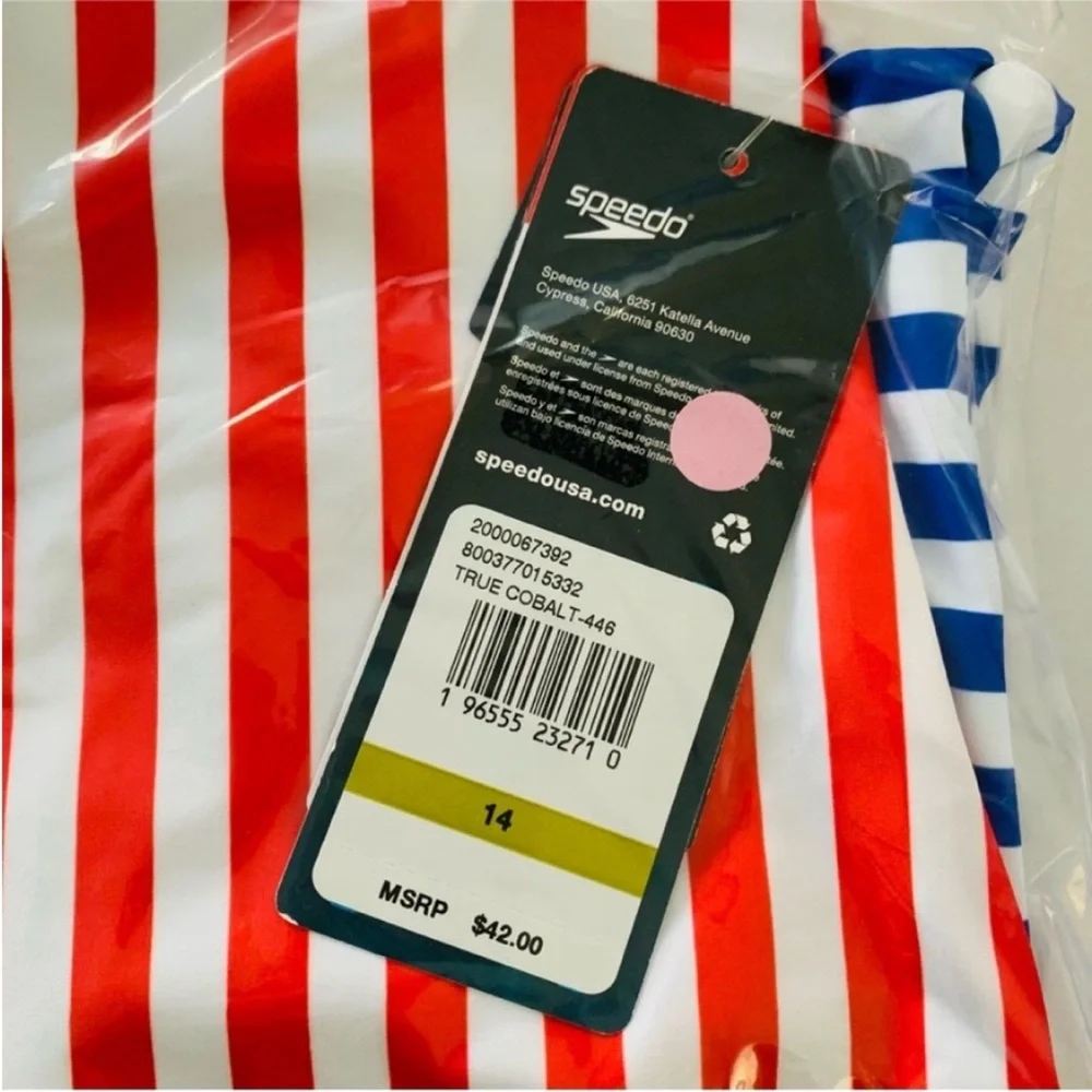Speedo Girl’s Swimsuit One Piece Blue and Red Stripes Size 14 NWT UPF 50+